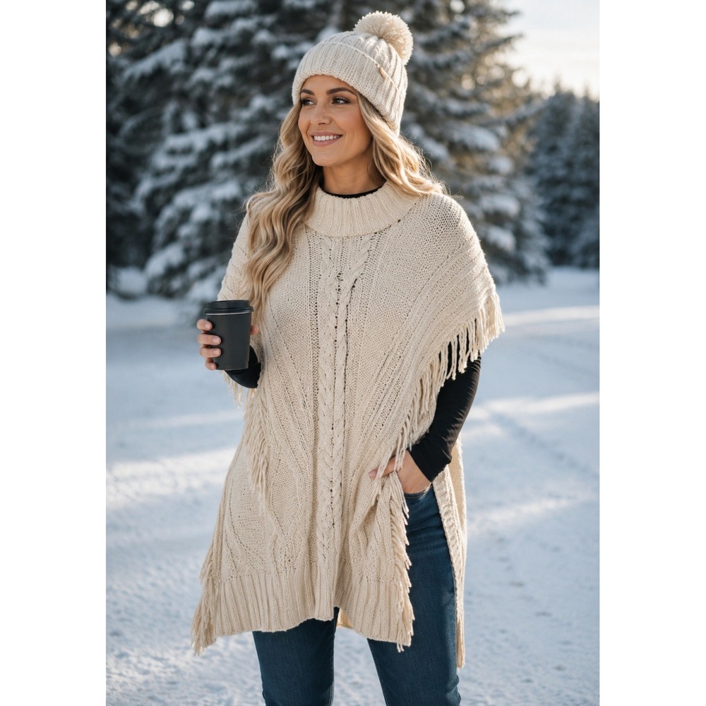 Apt. 9 Cream Cable Knit Fringe Poncho Sweater One Size Ivory Boho Chunky Knit